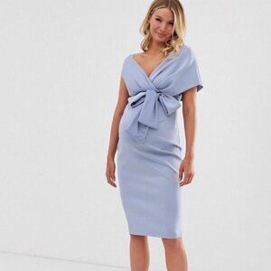 ASOS LAVENDER MATERNITY FALLEN SHOULDER FRONT BOW PENCIL DRESS IN EVENTIDE BLUE